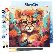Charger l'image dans la galerie, Mini Peinture par Numéros 20x20cm avec cadre Lionceau fantaisie et fleurs