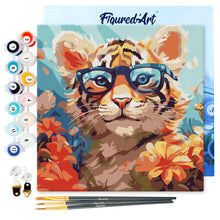 Charger l'image dans la galerie, Mini Peinture par Numéros 20x20cm avec cadre Bébé Tigre fantaisie et fleurs