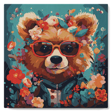 Charger l'image dans la galerie, Mini Peinture par Numéros 20x20cm avec cadre Ourson fantaisie et fleurs