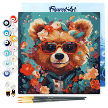 Charger l'image dans la galerie, Mini Peinture par Numéros 20x20cm avec cadre Ourson fantaisie et fleurs