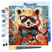 Charger l'image dans la galerie, Mini Peinture par Numéros 20x20cm avec cadre Panda roux fantaisie et fleurs