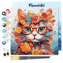 Charger l'image dans la galerie, Mini Peinture par Numéros 20x20cm avec cadre Chaton fantaisie et fleurs