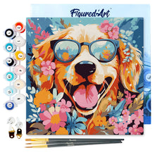 Charger l'image dans la galerie, Mini Peinture par Numéros 20x20cm avec cadre Chiot fantaisie et des fleurs