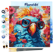 Charger l'image dans la galerie, Mini Peinture par Numéros 20x20cm avec cadre Perroquet fantaisie et fleurs
