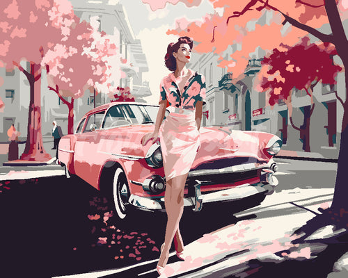 Peinture par numéros Figured'Art Femme et voiture classique rose