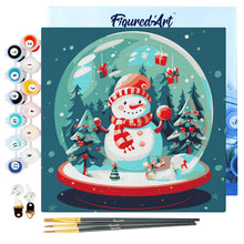 Charger l'image dans la galerie, Mini Peinture par Numéros 20x20cm avec cadre Bonhomme de Neige dans sa Boule