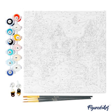 Charger l'image dans la galerie, Mini Peinture par Numéros 20x20cm avec cadre Bonhomme de Neige et Chaumière