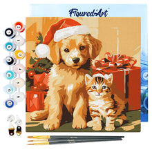 Charger l'image dans la galerie, Mini Peinture par Numéros 20x20cm avec cadre Chat et Chien de Noël