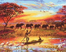 Charger l'image dans la galerie, peinture par numéros | Coucher de soleil Eléphants | animaux envies dailleurs intermédiaire paysages éléphants | FiguredArt
