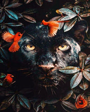 Charger l'image dans la galerie, peinture par numéros | Panthère noire Feuillage et Oiseaux | nouveautés animaux panthère oiseaux intermédiaire | FiguredArt