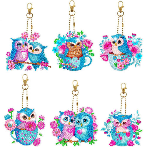 Porte-Clés Diamond Painting 5D Hiboux Bleus 6 Pièces