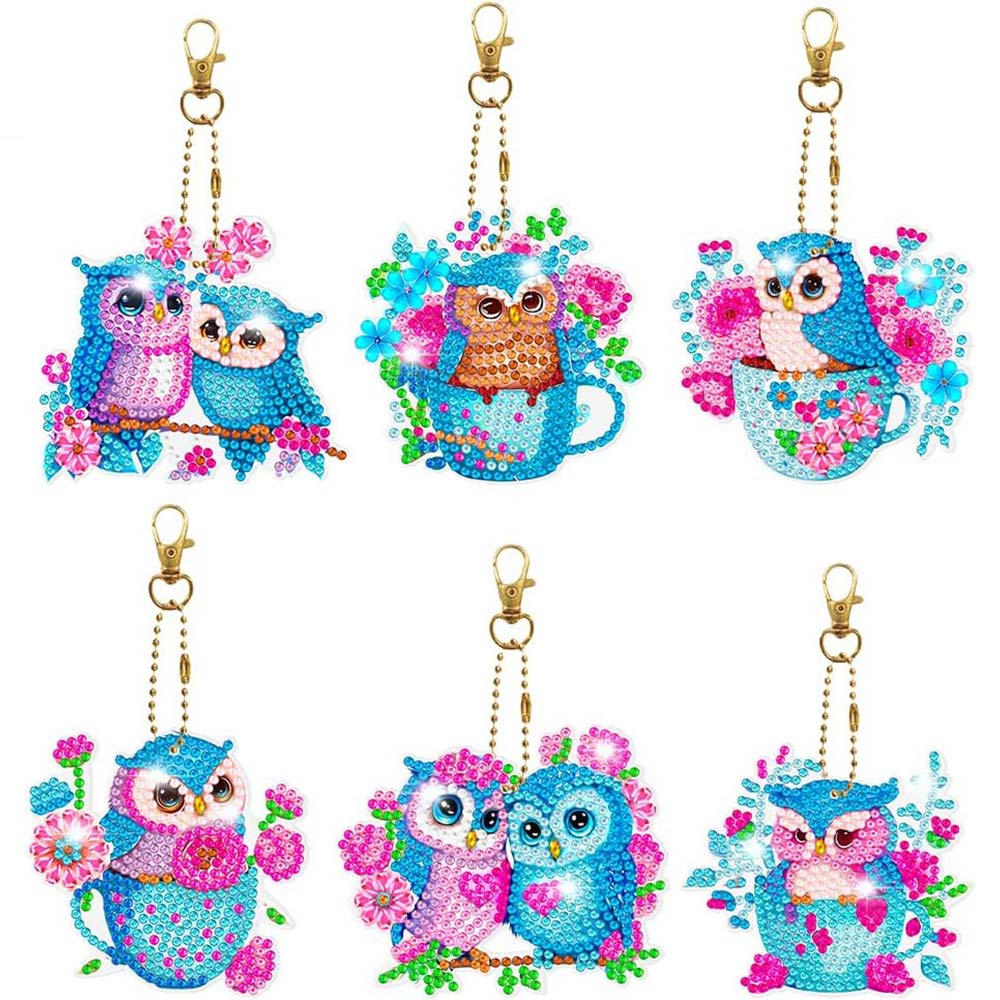 Porte-Clés Diamond Painting 5D Hiboux Bleus 6 Pièces