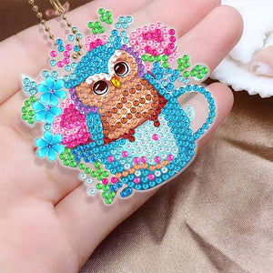 Porte-Clés Diamond Painting 5D Hiboux Bleus 6 Pièces