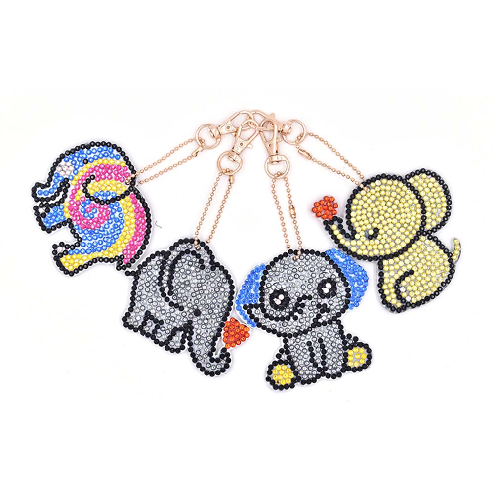 Porte-Clés Diamond Painting 5D Éléphants 4 Pièces