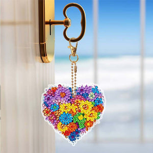 Porte-Clés Diamond Painting 5D Cœur de Fleur 6 Pièces