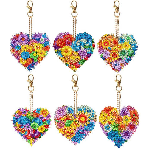 Porte-Clés Diamond Painting 5D Cœur de Fleur 6 Pièces