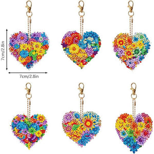 Porte-Clés Diamond Painting 5D Cœur de Fleur 6 Pièces
