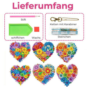 Porte-Clés Diamond Painting 5D Cœur de Fleur 6 Pièces