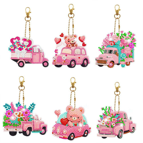 Porte-Clés Diamond Painting 5D Voiture Rose 6 Pièces