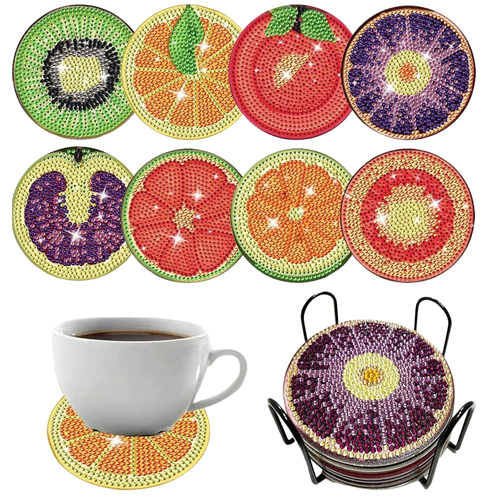 Billbotk Kit de 12 sous-verres de peinture diamant avec support, sous-verres, projets d'artisanat diamant pour adultes et débutants (style fruit