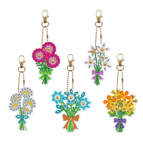 Porte-Clés Diamond Painting 5D Bouquet de Fleurs 5 Pièces