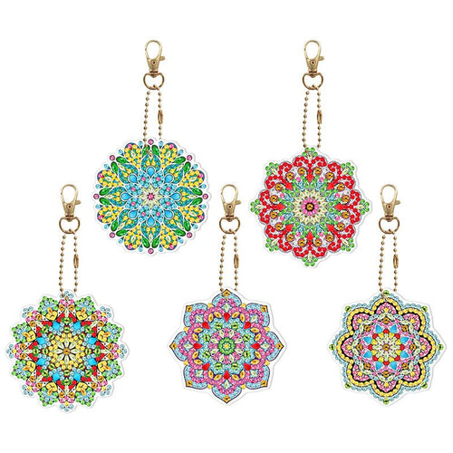 Porte-Clés Diamond Painting 5D Fleurs Mandala 5 Pièces