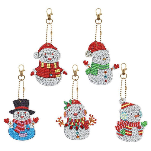 Porte-Clés Diamond Painting 5D avec Bonhommes de Neige 5 Pièces