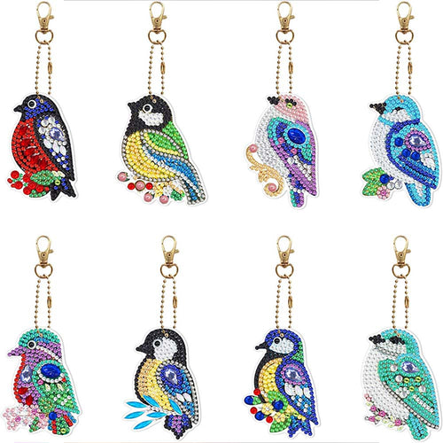 Porte-Clés Diamond Painting 5D Oiseaux 8 Pièces