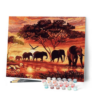 Peinture Par Numéros Fuumuui – Paysage éléphants Coucher De Soleil, 40x50 Cm, Acrylique, Débutants