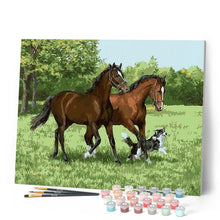 Charger l'image dans la galerie, peinture par numéros | Chevaux et Chiens dans la Prairie | animaux, chevaux, chiens, intermédiaire | FiguredArt
