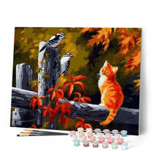 Charger l'image dans la galerie, peinture par numéros | Oiseaux et Chaton attentif | animaux, chats, intermédiaire, oiseaux | FiguredArt