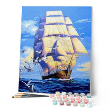 Charger l'image dans la galerie, peinture par numéros | Bateau et Mouettes au coucher du Soleil | bateaux, complexe | FiguredArt