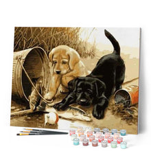 Charger l'image dans la galerie, peinture par numéros | Chiots jouant avec des Poissons | animaux, chiens, intermédiaire | FiguredArt