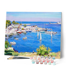 Charger l'image dans la galerie, peinture par numéros | Vue d’un petit Port grec | bateaux, complexe, paysages | FiguredArt