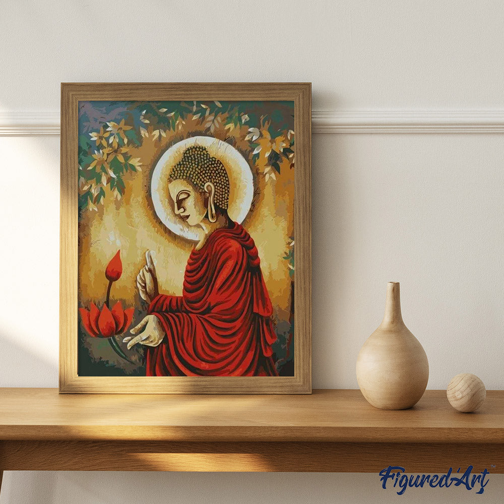 Peinture Mandala Bouddha Gris – 4 X 30x40 Cm – Toile Acrylique Sur Châssis Bois – Art Indonésien