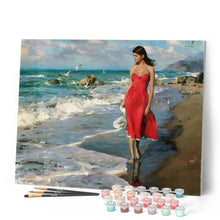 Charger l'image dans la galerie, peinture par numéros | Bord de Mer et Femme en Rouge | complexe, paysages | FiguredArt