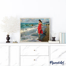 Charger l'image dans la galerie, peinture par numéros | Bord de Mer et Femme en Rouge | complexe, paysages | FiguredArt
