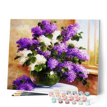 Charger l'image dans la galerie, peinture par numéros | Vase avec des fleurs violettes et blanches | complexe, fleurs | FiguredArt