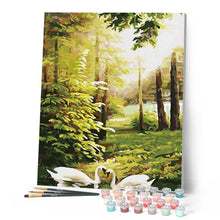 Charger l'image dans la galerie, peinture par numéros | Cygnes près de la Forêt | cignes, complexe, oiseaux, paysages | FiguredArt