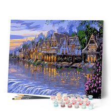 Charger l'image dans la galerie, peinture par numéros | Maisons le Soir près de la Rivière | intermédiaire, paysages | FiguredArt
