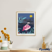 Charger l'image dans la galerie, peinture par numéros | Flamant rose et pleine Lune | animaux, facile, flamants roses, fleurs, oiseaux | FiguredArt