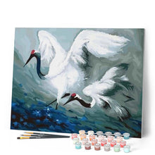 Charger l'image dans la galerie, peinture par numéros | Jolies Grues en plein Vol | animaux, facile, grues cendrées, oiseaux | FiguredArt