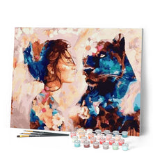Charger l'image dans la galerie, peinture par numéros | Complicité Femme et Panthère noire | animaux, france, intermédiaire, panthère | FiguredArt