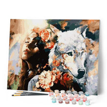 Charger l'image dans la galerie, peinture par numéros | Complicité Femme et Louve blanche | animaux, france, intermédiaire, loups | FiguredArt