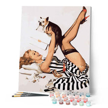 Charger l'image dans la galerie, peinture par numéros | Pin-up en robe et son chien | femmes pin-up nouveautés animaux chiens facile | FiguredArt