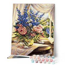 Charger l'image dans la galerie, peinture par numéros | Fenêtre ouverte et bouquet fleuri | fleurs nouveautés complexe | FiguredArt
