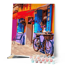 Charger l'image dans la galerie, peinture par numéros | Vélo au bord du café | ville nouveautés intermédiaire | FiguredArt