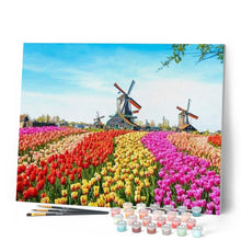 Charger l'image dans la galerie, peinture par numéros | Tulipes et Moulins à Vent | complexe, fleurs, paysages | FiguredArt