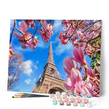 Charger l'image dans la galerie, peinture par numéros | Tour Eiffel et Magnolias | complexe, fleurs, ville | FiguredArt