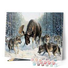 Charger l'image dans la galerie, peinture par numéros | Elan entouré par une meute de Loups | animaux, complexe, loups | FiguredArt